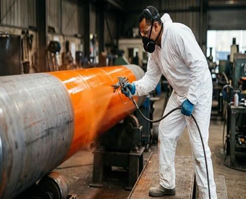 Applicator spraying coating on a large pipe